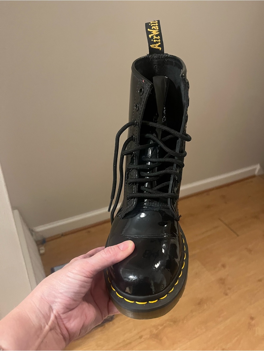 Dr. Martens Black Patent Lace-Up Boot with Yellow Stitching